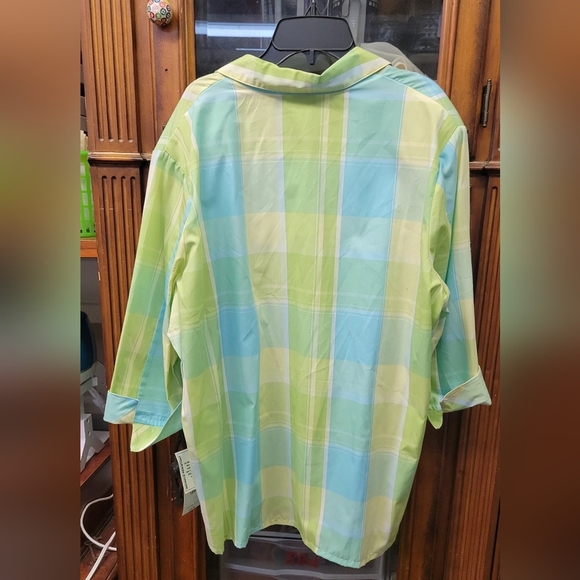ALIA Sport Green Yellow Blue Checkered Button Up 3/4 Sleeve Shirt 18W - Picture 8 of 8